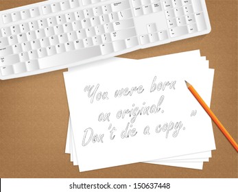 Computer keyboard, sheet of paper with the message on it and a pencil on table. (EPS10 Vector) 