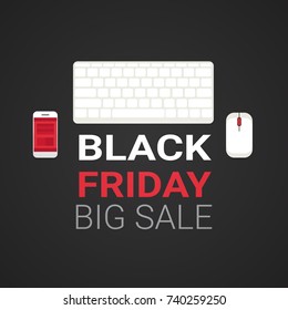 Teclado De Computadora Y Smartphone En Fondo Con Viernes Negro Gran Venta Mensajes De Texto Vacaciones Descuento Cartel Concepto Vector Plano Ilustración