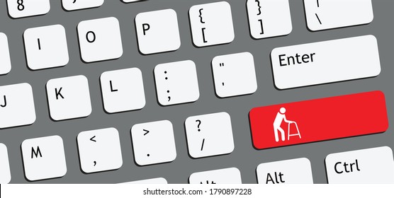 Computer keyboard Social media network Elder people Handicap mobility disable icons Medical health, human signs Vector wheelchair symbol Toilet wc Crutches disabled Elderly old woman oe man senior web