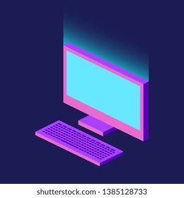 Computer with keyboard technology neon isometric blurred vector digital image illustration