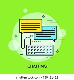 Computer keyboard and two speech bubbles. Concept of chatting, instant messaging, internet conversation, online communication. Creative vector illustration for website, application, web banner.