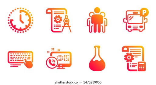 Computer keyboard, Web call and Chemistry lab line icons set. Time, Bus parking and Group signs. Divider document, Settings blueprint symbols. Pc device, Phone support. Technology set. Vector