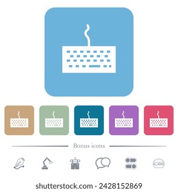 Computer keyboard white flat icons on color rounded square backgrounds. 6 bonus icons included
