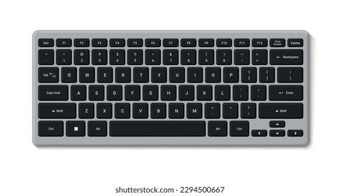 Computer keyboard wireless desktop control panel with buttons top view realistic vector illustration. Laptop electronic keypad plastic push tool cyberspace digital communication text typing technology