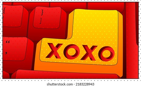 Computer Keyboard with XOXO key, abbreviation, Hugs and kisses, informal term used for expressing love. Close-up of an electronic Computer Device part, keypad.
