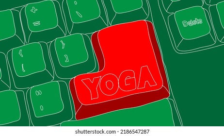 Computer Keyboard with Yoga text. Close-up of an electronic Computer Device part, keypad.
