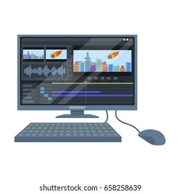Computer with keyboard.Making movie single icon in cartoon style vector symbol stock illustration .