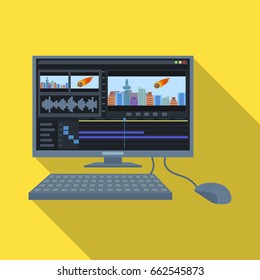Computer with keyboard.Making movie single icon in flat style vector symbol stock illustration web.