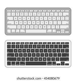 Teclados de computador. Teclado moderno e compacto nas cores branca e preta. Design de tecnologia. Teclado realista com alfabeto.