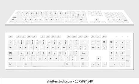 Computer keyboards. White and black color, realistic keyboard, alphabet. Top view and perspective.