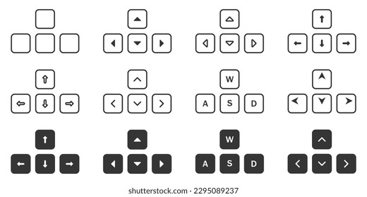 Conjunto de vectores de claves de equipo. Botones de computadora flechas y vectores de letras. Teclas de juego en el teclado. Conjunto de botones pc vector. Teclas de teclado vectoriales.