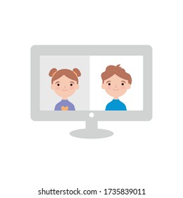 computer with kids on screen over white background, flat style, vector illustration