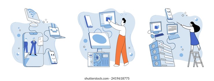 Computer lab. Vector illustration. The invention computers has revolutionized technology landscape and transformed industries Modern machinery and automation optimize manufacturing processes