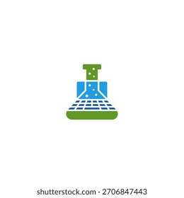 Laboratorio de computadoras, frasco químico y diseño de logotipo de computadora portátil.