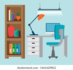 computer with lamp in the desk and books data
