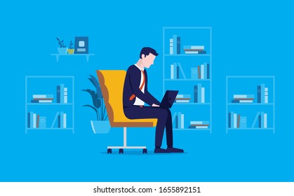 Computadora en vuelta - hombre de negocios sentado solo en silla con portátil en vuelta en la oficina. Trabajar tarde, trabajar solo, mal concepto de postura laboral. Ilustración vectorial.
