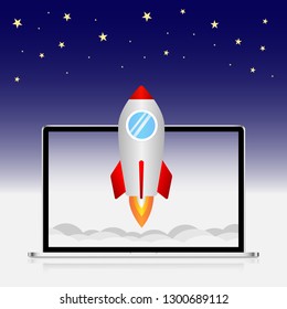 Computer laptop with 90 degree screen with rocket launch from laptop to sky or space for business start up concept, laptop reflex shadow effect