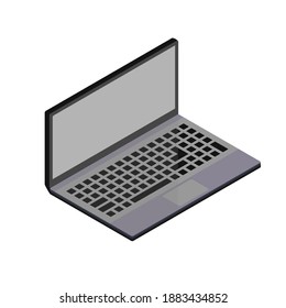 A computer. Laptop abstract image. Isometric, 3D front view. Vector illustration of a portable device. Laptop with keyboard, with blank screen. Flat style. Cartoon drawing of mobile pc with open cover