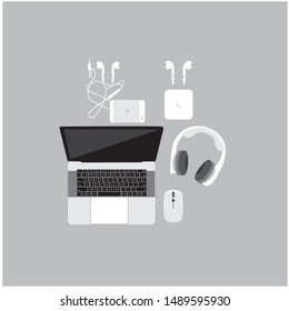 computer and laptop with accessories earphone headset mouse wireless gadget