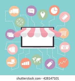 Computer laptop with awning for online store connected to online shopping icon on blue background pastel color design. Vector illustration E-Commerce omnichannel online shopping concept.