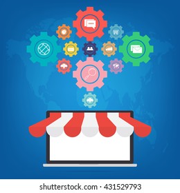Computer laptop with awning for online store connected to online shopping gear icon on blue background with world map. Vector illustration E-Commerce omnichannel online shopping concept.