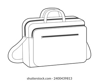 Portátil portátil Bolsa de silueta de mensajero. Ilustración técnica de accesorios de moda. Vista frontal del vector 3-4 para hombres, mujeres, estilo unisex, bolso plano de simulación CAD esquema aislado