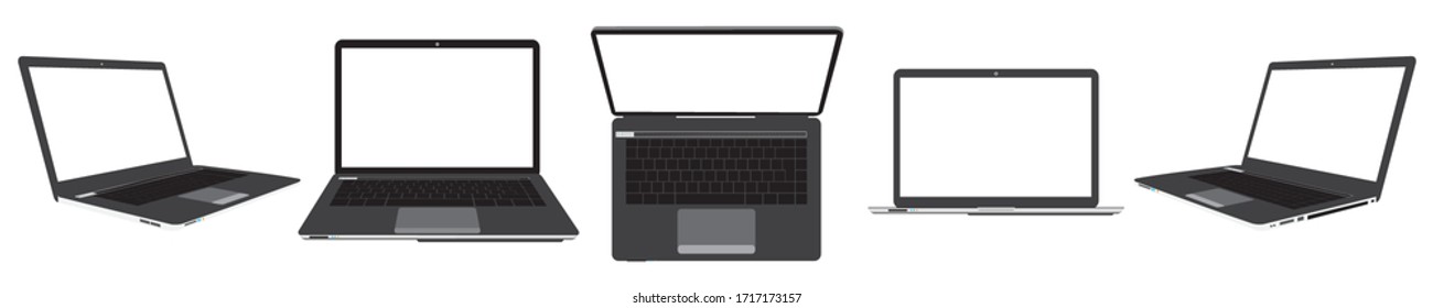 Computer laptop black color front, top, left and right side isolated on white background. EPS.file.