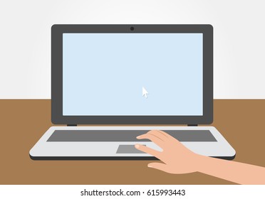 Ordenador, ordenador portátil con el escritorio en blanco y la mano en gráfico plano del Vector del diseño