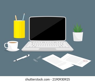 Computer laptop with blank empty screen, coffee, pencil, cactus and paper note, Digital marketing illustration.