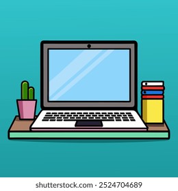 Computer laptop with blank empty screen for copy space text on working desk table or workplace vector illustration flat cartoon, pc with empty display work place office modern design