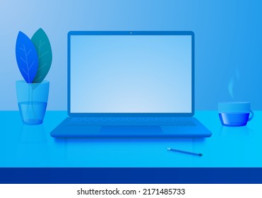 Computer laptop with blank screen on desktop with coffee plant and pencil.