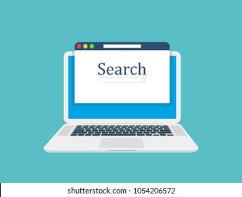 Computer laptop, browser window and ranking sites in search results of web search engine. Search engine. Flat design, vector illustration on background