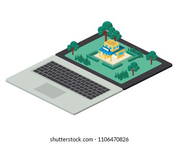 computer laptop and building scene isometric icon