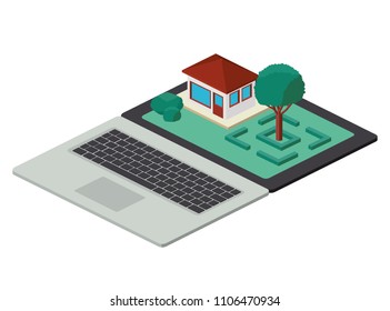 computer laptop and building scene isometric icon