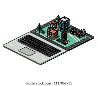 computer laptop and building scene isometric icon