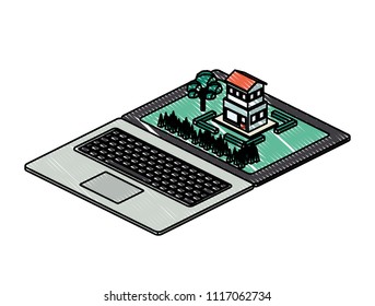 computer laptop and building scene isometric icon
