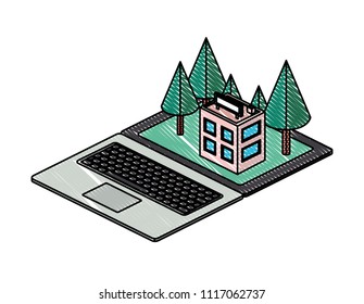 computer laptop and building scene isometric icon