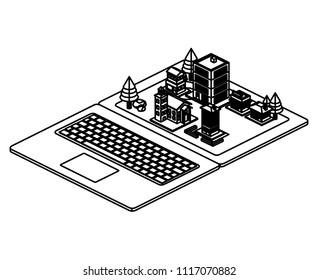 computer laptop and building scene isometric icon