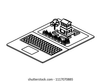 computer laptop and building scene isometric icon