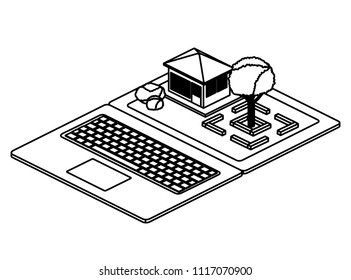computer laptop and building scene isometric icon