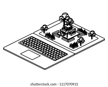 computer laptop and building scene isometric icon