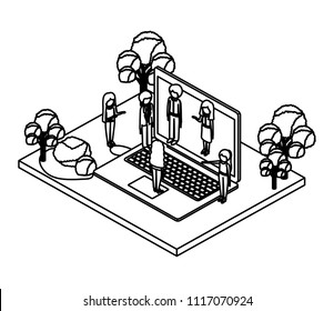 computer laptop and building scene isometric icon