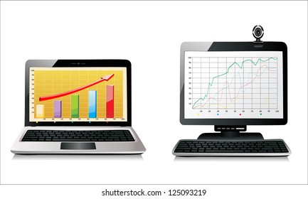 computer and a laptop with business charts