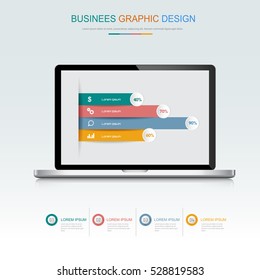 Computer laptop with business graph on screen,3d and flat vector design illustration for web banner or presentation used