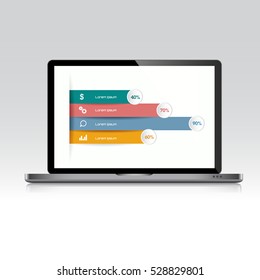 Computer laptop with business graph on screen,3d and flat vector design illustration for web banner or presentation used