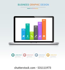Computer laptop with business graph on screen,3d and flat vector design illustration for web banner or presentation used