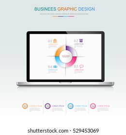 Computer laptop with business infographic on screen,3d and flat vector design illustration for web banner or presentation used