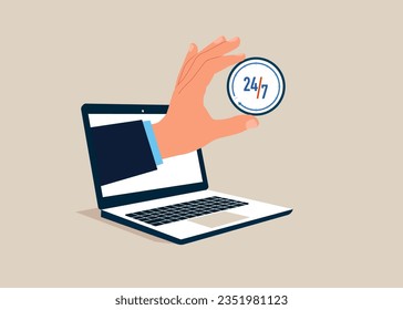 Computer laptop with clock. 24-7 support service,  working hours. Open time. Success long term investment. Flat vector illustration