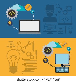 computer laptop cloud gear bulb lupe developer web responsive development website programming icon set. Colorful design. Vector illustration
