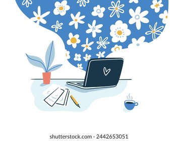 Computer laptop, coffee cup and potted plant on the table. Floral  workplace vector illustration flat cartoon style ,work place of artist. Creativity designer.